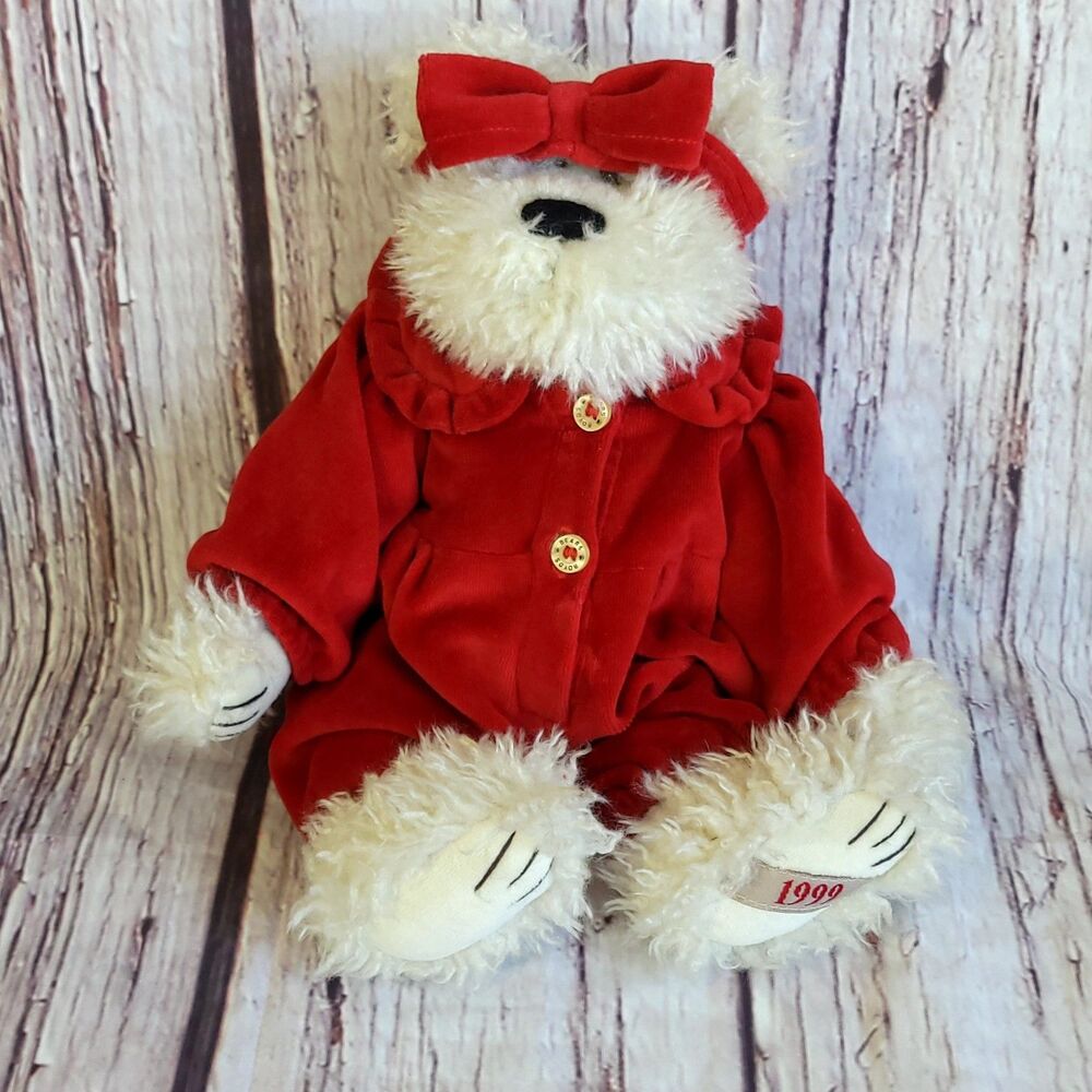 White Plush Teddy Bear Felicia Boyds 11 in with Red Dress & Bow 1999